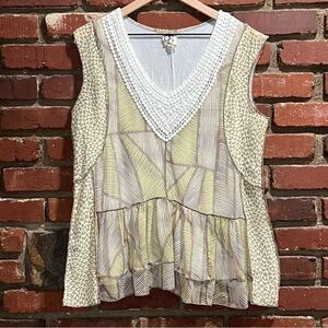 One September Anthropologie women's brown/ivory/yellow ruffle‎ tank top Small
